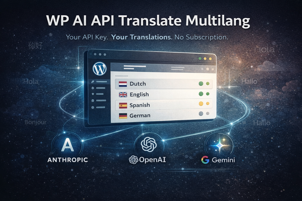 WP AI API Translate Multilang plugin — vertaal WordPress met Claude ChatGPT of Gemini met je eigen API key